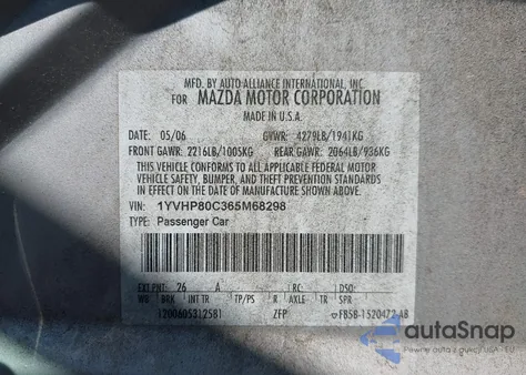 2006 Mazda Mazda6 I from USA, damaged, VIN 1YVHP80C365M68298